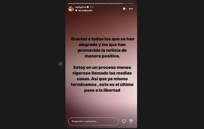 Raphy Pina agradece a sus seguidores el apoyo recibido tras confirmarse su traslado de la prisión de Carolina del Norte a Miami. 