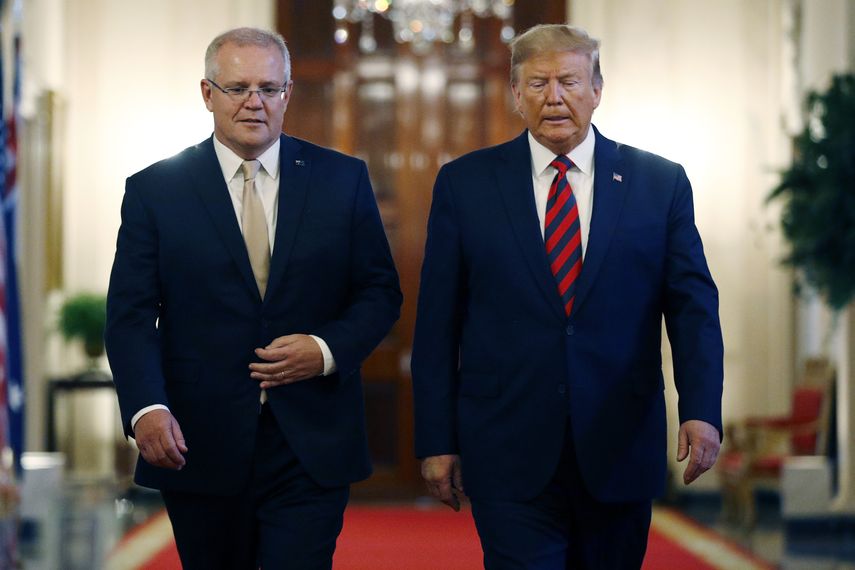 El presidente Donald Trump y el primer ministro australiano Scott Morrison llegan a una conferencia de prensa en la Casa Blanca, en Washington, el viernes 20 de septiembre del 2019.&nbsp;