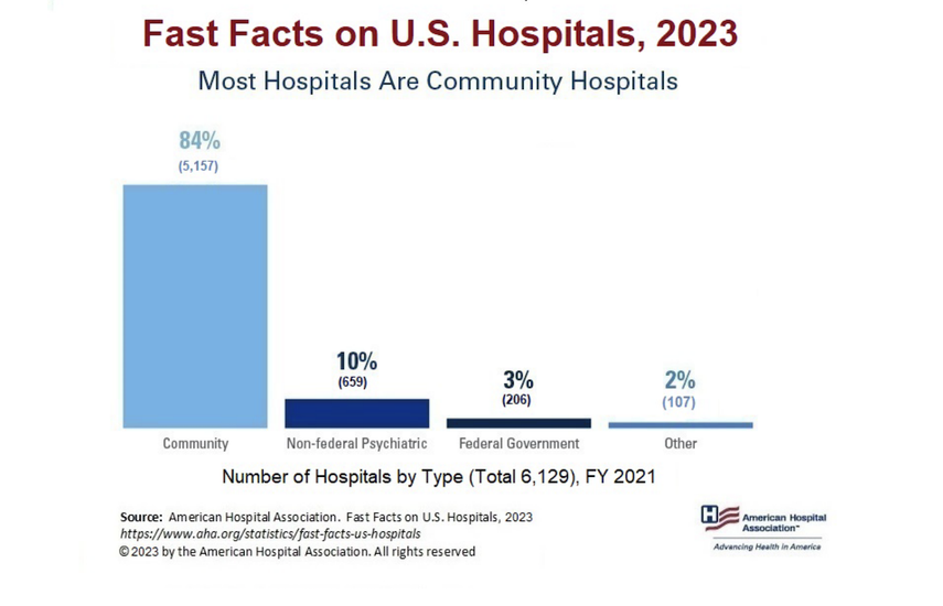 Infografía compartida por la American Hospital Association que muestra los tipos de hospitales en Estados Unidos, entre los que predominan los comunitarios.&nbsp;