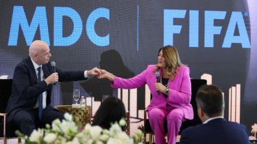 El presidente de la FIFA, Gianni Infantino durante su visita a la conferencia del Miami Dade Collage&nbsp;