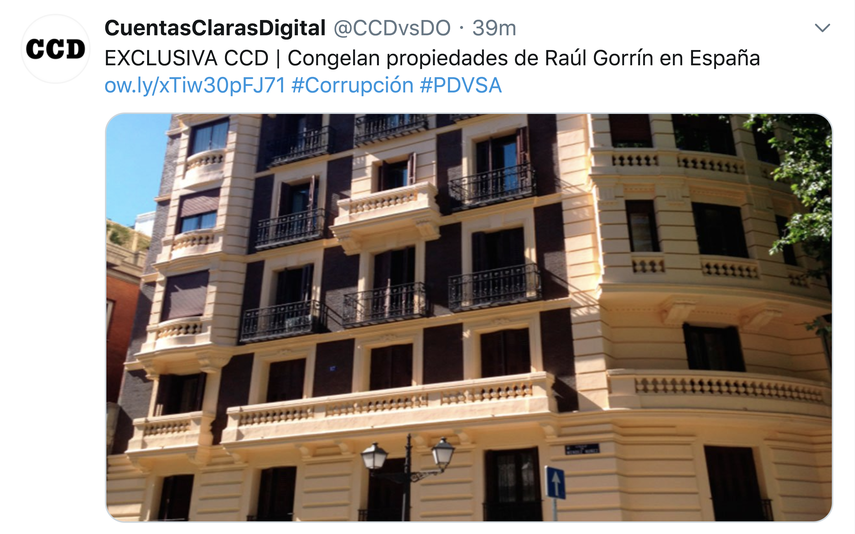 Captura de pantalla de la publicaci&oacute;n en Twitter de Cuentas Claras Digital, donde se muestra el&nbsp;edificio frente al Parque El Retiro, donde Gorr&iacute;n posee tres propiedades.