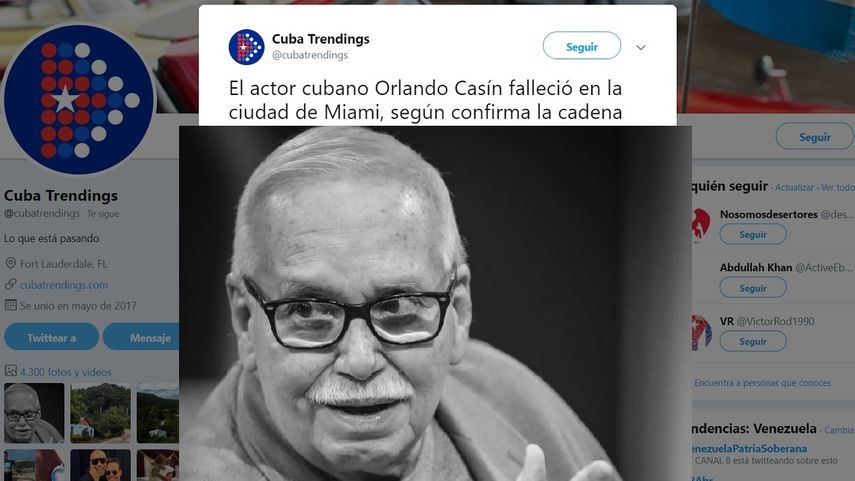 Fotografía del actor cubano Orlando Casín, quien falleció este 28 de abril en Miami, publicada en la cuenta de Twitter de @cubatrendings.