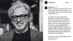 El actor Robert Carradine falleció a los 71 años tras una larga lucha contra el trastorno bipolar