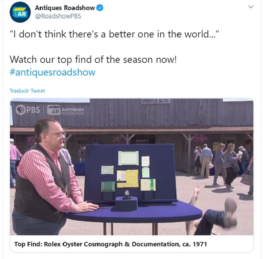 Captura de video del programa Antiques Roadshow del momento en el que un hombre cae de espaldas al saber el valor de un reloj Rolex que compr&oacute; en 1979.