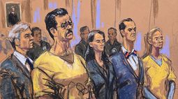 Fotografía de un dibujo realizado por la artista Jane Rosenberg donde aparece el abogado Barry Pollack (atrás); el depuesto dictador de Venezuela, Nicolás Maduro (i); la abogada Anna Estevano (c-i); el abogado Mark Donnelly (c-d) y Cilia Flores asistiendo a una audiencia este miércoles, en Nueva York (Estados Unidos).&nbsp;
