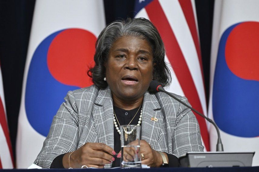 La embajadora estadounidense ante Naciones Unidas, Linda Thomas-Greenfield, habla durante una conferencia de prensa en la Casa Diplomática de Estados Unidos en Seúl, el miércoles 17 de abril de 2024.&nbsp;