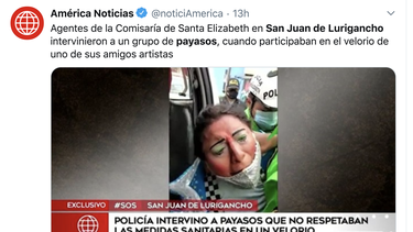 En esta captura de pantalla aparece la información publicada en América Noticias sobre el arresto de varios payasos que participaban en un velorio en Perú. 