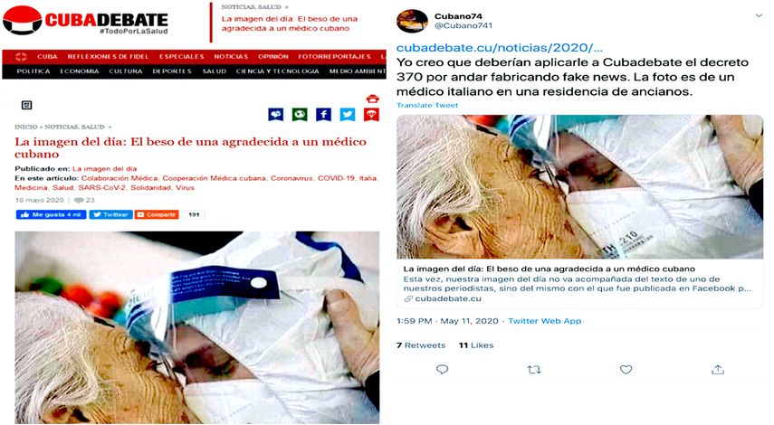 Capturas de pantalla en redes sociales con la noticia publicada por Cubadebate.&nbsp;