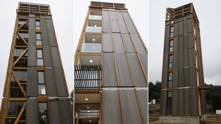 Combinación de imágenes de la agencia EFE que muestran la Torre Experimental Peñuelas, el edificio de madera más alto de América Latina.