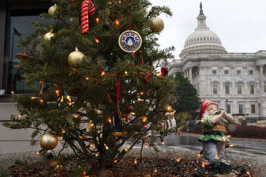 Un pequeño árbol luce decoraciones navideñas con el Capitolio de fondo. &nbsp;