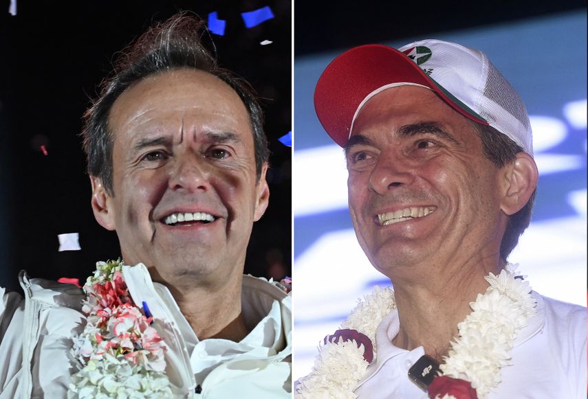 Esta combinación de imágenes, creada el 17 de agosto de 2025, muestra al expresidente boliviano y candidato presidencial de la coalición Alianza Libre, Jorge Tuto Quiroga Ramírez (izq.), saludando a sus simpatizantes durante su último mitin de campaña en La Paz el 13 de agosto de 2025. Rodrigo Paz, candidato presidencial del Partido Demócrata Cristiano (PDC), hace un gesto a sus simpatizantes durante su último mitin de campaña en Torno, provincia de Santa Cruz, Bolivia, el 13 de agosto de 2025.&nbsp;