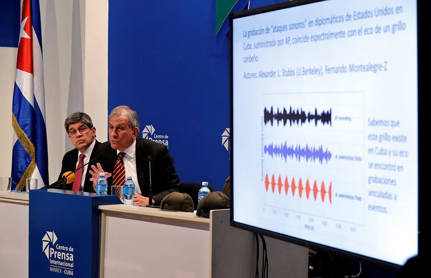 Carlos Fernández de Cossío (izq.), director general para EEUU del ministerio de Relaciones Exteriores, y el doctor Mitchel Valdés-Sosa, director general del Centro de Neurociencia de Cuba, participan en una conferencia de prensa sobre los supuestos ataques acústicos a diplomáticos estadounidenses y de Canadá.&nbsp;