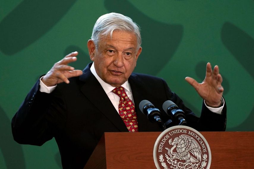 El presidente de México, Andrés Manuel López Obrador, da su conferencia de prensa matutina diaria durante la inauguración del Aeropuerto Internacional Felipe Ángeles al norte de la Ciudad de México, el lunes 21 de marzo de 2022.&nbsp;