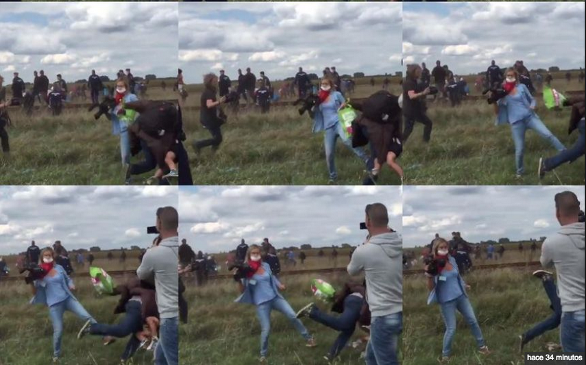En el siguiente vídeo, captado y subido a Twitter por el periodista Stephan Richter, se ve a la camarógrafa golpeando a inmigrantes sirios, mientras huyen de la policía húngara en la localidad de Roeszke, cerca de la frontera con Serbia. (Captura de pa