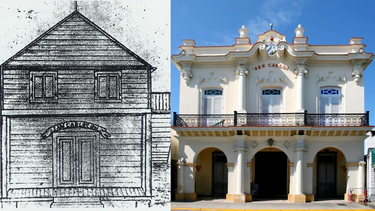 Dibujo de la primera edificación que albergó al Instituto San Carlos, el año de su creación, 1871, y el edificio actual donde radica la entidad.&nbsp;
