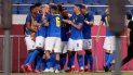 Los jugadores de Brasil celebran el segundo gol de Richarlison durante el partido de fútbol de primera ronda del grupo D masculino de los Juegos Olímpicos de Tokio 2020 contra Arabia Saudita Los jugadores de Brasil celebran el segundo gol de Richarlison durante el partido de fútbol de primera ronda del grupo D masculino de los Juegos Olímpicos de Tokio 2020 contra Arabia Saudita