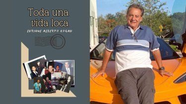 Enrique Kogan junto a la portada de su libro Toda una vida loca. 