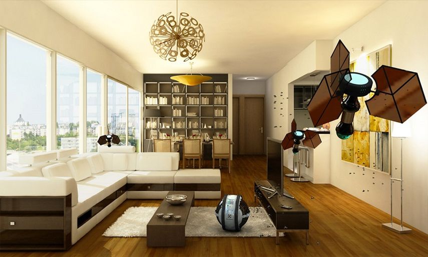 Dibujo renderizado del sistema de abejas Mab en acción, en la sala de una casa. (Cortesía)