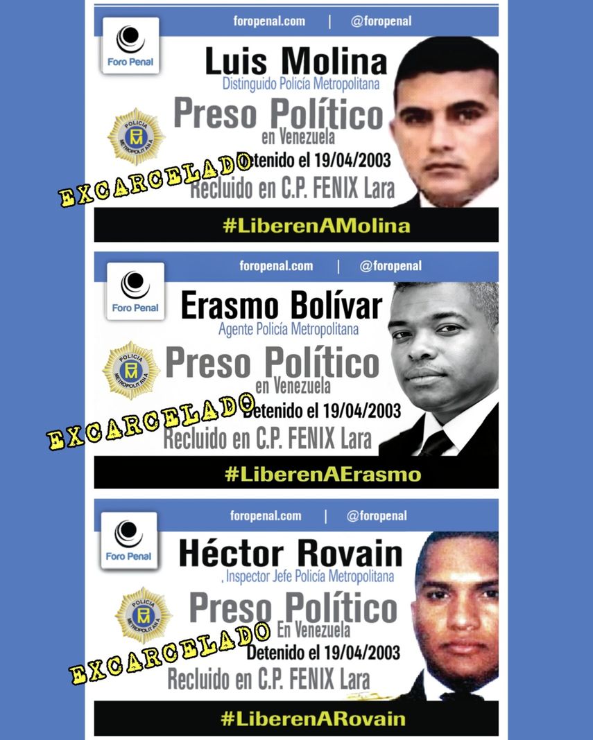 Los policías metropolitanos Luis Molina, Erasmo Bolívar y Héctor Rovaín fueron sentenciados a 30 años de prisión, en abril de 2009, por el delito de homicidio calificado frustrado en complicidad, tras hechos violentos en medio de protestas contra Hugo Chávez. El gobierno interino los excarceló el 19 de mayo de 2026
