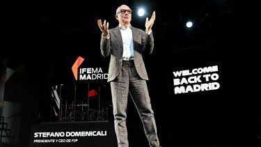 Stefano Domenicali, director general del grupo de Fórmula 1, da una conferencia de prensa en el centro de congresos IFEMA de Madrid el 23 de enero de 2024 cuando el grupo F1 anunció que Madrid organizará un nuevo Gran Premio de España a partir de 2026. &nbsp;
