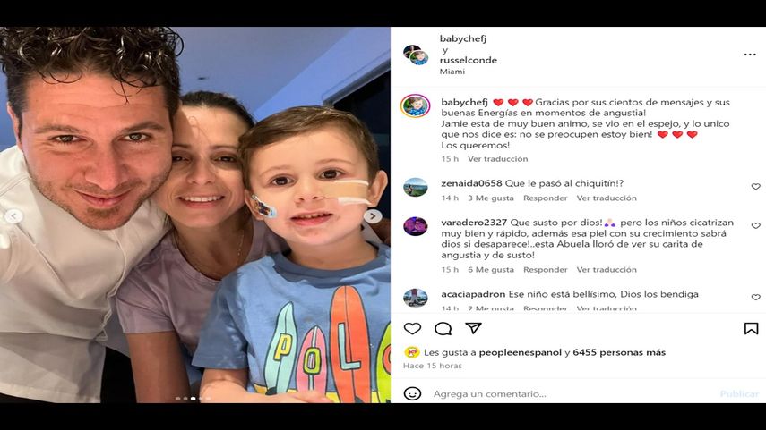 El chef James Tahhan junto a su pareja e hijo.