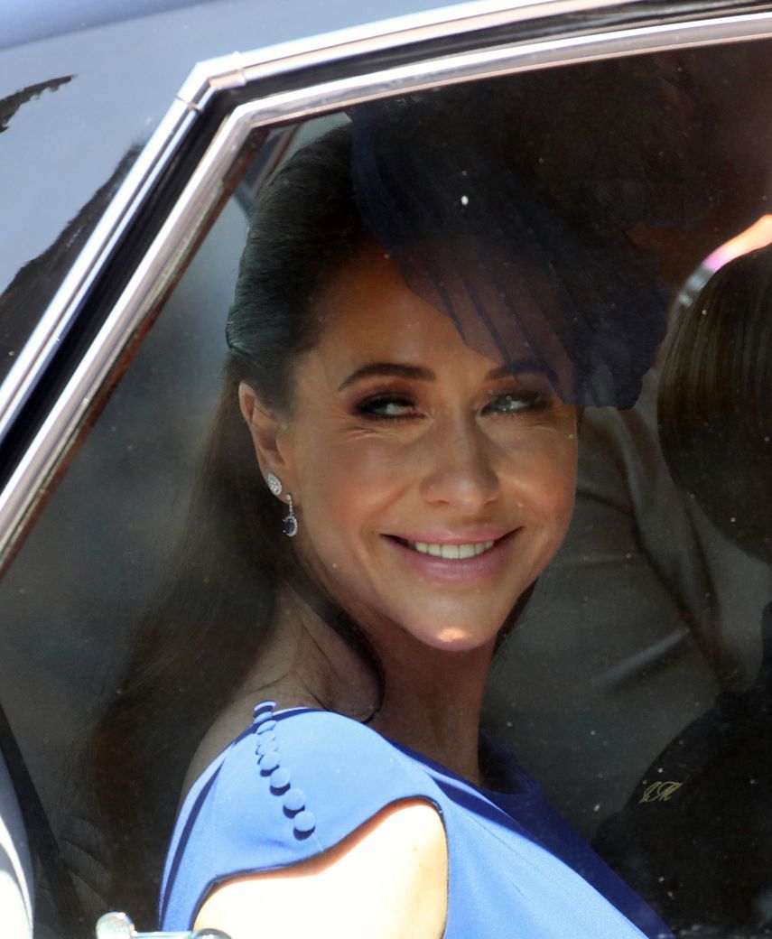 En esta foto de archivo tomada el 18 de mayo de 2018, la estilista de moda canadiense Jessica Mulroney llega a la ceremonia de boda del príncipe Harry y Meghan Markle en la Capilla de San Jorge, el Castillo de Windsor Windsor.