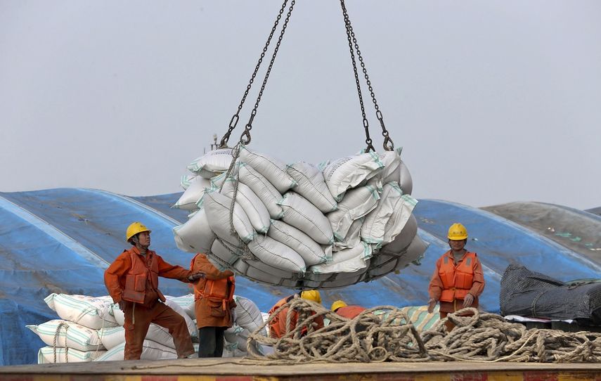 Operarios chinos cargando soja en un buque.