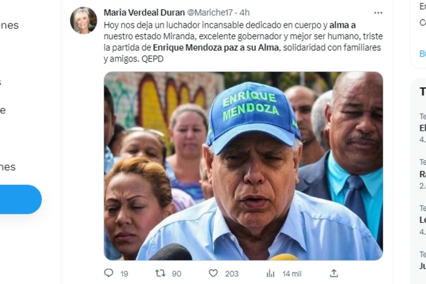 El político opositor venezolano, Enrique Mendoza, falleció este lunes 3 de abril de 2023, a los 77 años.