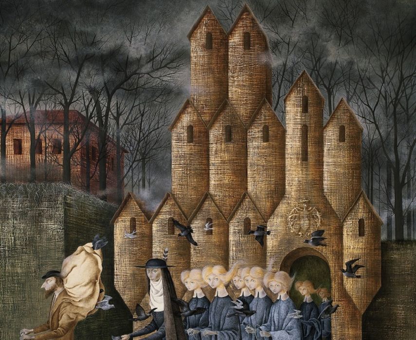 La obra Hacia la torre de Remedios Varo, parte de la colección de Lorenzo H. Zambrano que se subasta este lunes en Nueva York. (AP).  