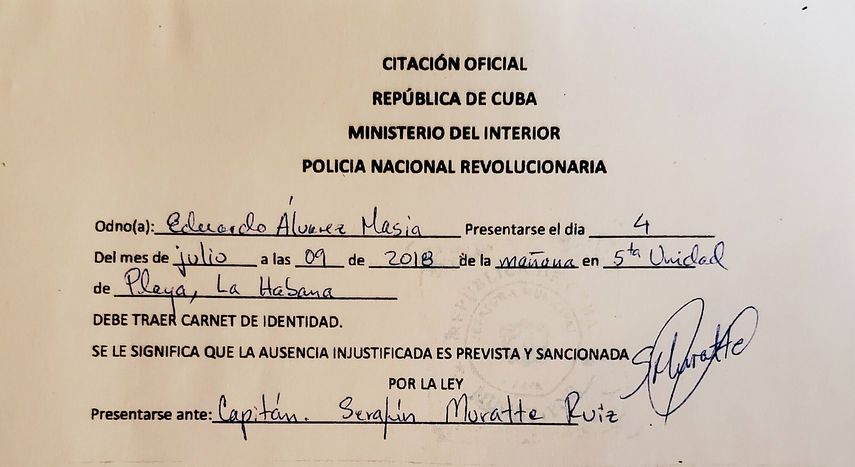 Una de las citaciones a Eduardo &Aacute;lvarez por parte de la polic&iacute;a pol&iacute;tica en Cuba.&nbsp;