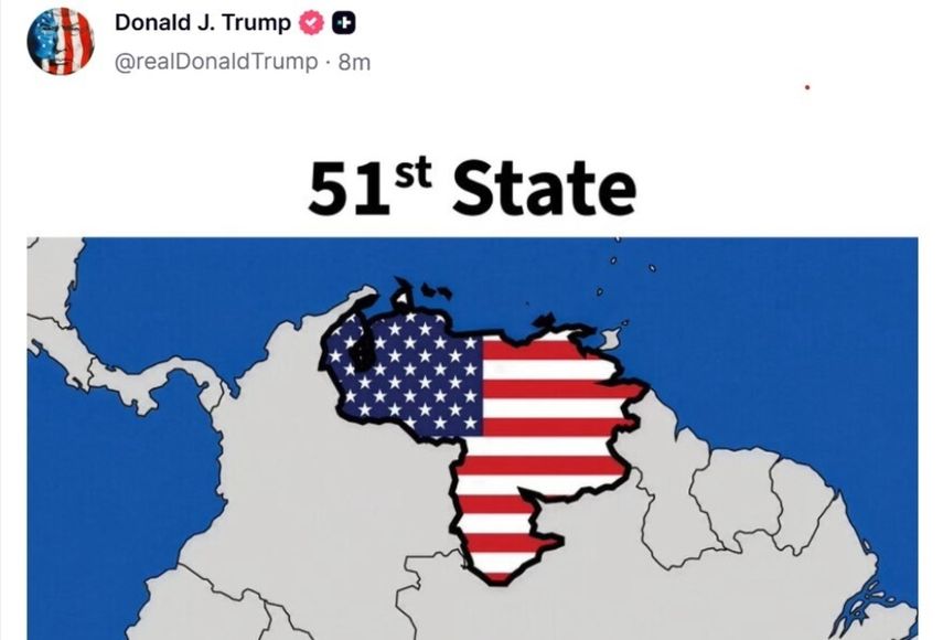 Captura de una publicación del presidente de Estados Unidos, Donald Trump, en redes sociales, con un mapa del norte de Sudamérica en el que aparece Venezuela coloreado con la bandera estadounidense y bajo el lema 