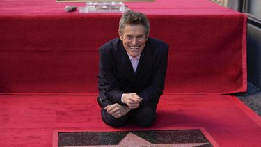 El actor Willem Dafoe toca su nueva estrella en una ceremonia en su honor con la estrella en el Paseo de la Fama de Hollywood, el lunes 8 de enero de 2024, en Los Ángeles.&nbsp;