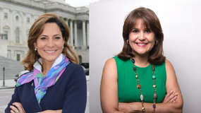 La congresista cubanoamericana María Elvira Salazar y Annette Taddeo, senadora democrata de Florida.  