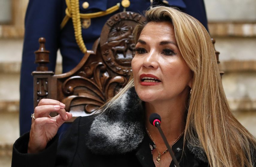 Fotograf&iacute;a del 15 de noviembre de 2019 de la presidenta interina de Bolivia, Jeanine &Aacute;&ntilde;ez, durante una conferencia de prensa en La Paz.&nbsp;