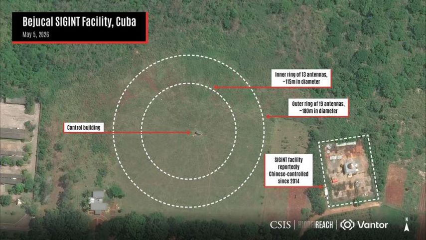 La imagen muestra las antenas espía en el Bejucal, Cuba.