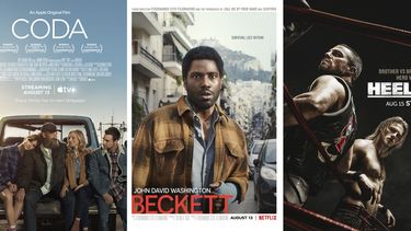 En esta combinación de fotografías imágenes promocionales de la película Coda que se estrena el 13 de agosto en AppleTV+, izquierda, Beckett una película de Netflix que se estrena el 13 de agosto, y Heels, una serie que se estrena el 15 de agosto en Starz.