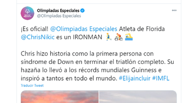 Captura de pantalla de @SpecialOlympics en la que se observa como Chris Nikic&nbsp; cumplió su hazaña en las tres facetas del exigente Triatlon, Ironman.