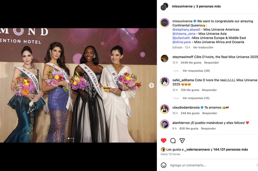 Olivia Yacé, Stephany Abasali, Julia Ann Cluett y Zhao Na fueron las escogidas por la Organización Miss Universo como las reinas continentales
