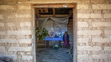 Natalia Tomás permanece cerca de un altar adornado con fotografías de su hijo Iván Gudiel en su casa en Comitancillo, Guatemala. La señora cree que su hijo figura entre las 19 personas asesinadas a tiros y calcinadas en el estado mexicano de Tamaulipas, fronterizo con Estados Unidos.&nbsp;