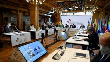 Una vista general muestra la reunión plenaria de jefes de Estado durante la XXVII Cumbre Iberoamericana en Andorra el 21 de abril de 2021.&nbsp;