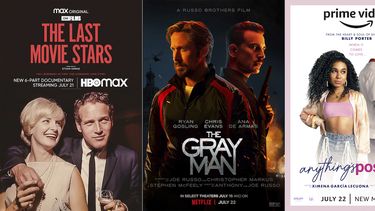 En esta combinación de fotos, el arte promocional de The Last Movie Stars, un documental que se estrena en HBO Max el 21 de julio; The Gray Man, una película que denuta en Netflix el 22 de julio, y Anythings Possible, un film que se estrena en Amazon Prime Video el 22 de julio.&nbsp;