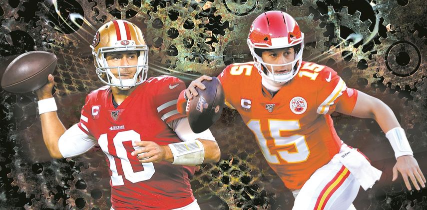 Jimmy Garoppolo (izq.), de los 49ers de San Francisco, y Patrick Mahomes, de los Chiefs de Kansas City.