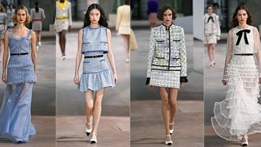 Esta combinación de imágenes creada el 28 de enero de 2025 muestra a modelos presentando creaciones para Chanel durante la Semana de la Moda de Alta Costura Femenina Primavera/Verano 2025 en París, el 28 de enero de 2025.