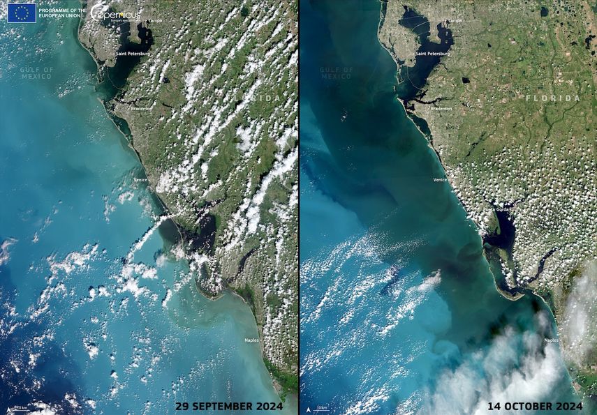 Copernicus elige como imagen del día la costa oeste de Florida antes y después del huracán Milton.&nbsp;