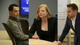 La combinación de tres fotos muestra, izquierda a derecha, a Jeremy Strong como Kendall Roy, Sarah Snook como Siobhan (Shiv) Roy y Kieran Culkin como Roman Roy, de la serie de HBO Succession.