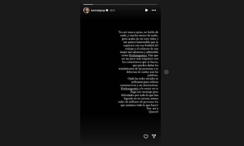 Belinda dedica mensaje en apoyo a Selena Gómez y su actuación en 