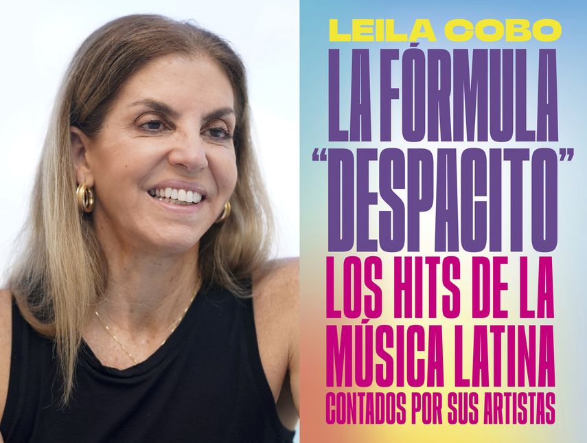 En esta combinación de fotos, la periodista colombiana especializada en música latina Leila Cobo habla de su nuevo libro, La fórmula Despacito (Decoding Despacito), en una entrevista en Key Biscayne, Florida, el martes 23 de febrero de 2021, izquierda, y la portada del libro.