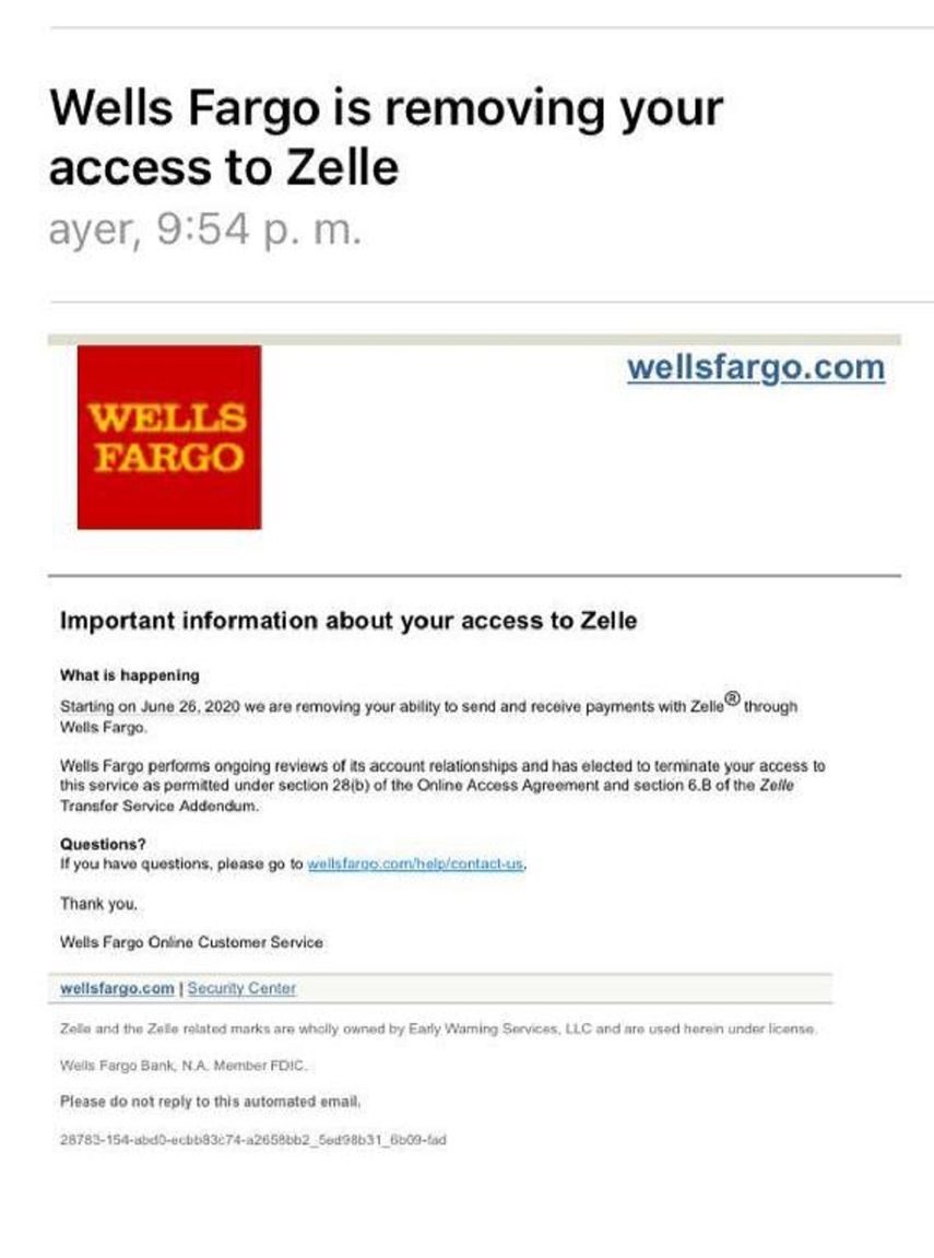 Captura de pantalla de la carta enviada por Wells Fargo a una persona con residencia en Venezuela.&nbsp;