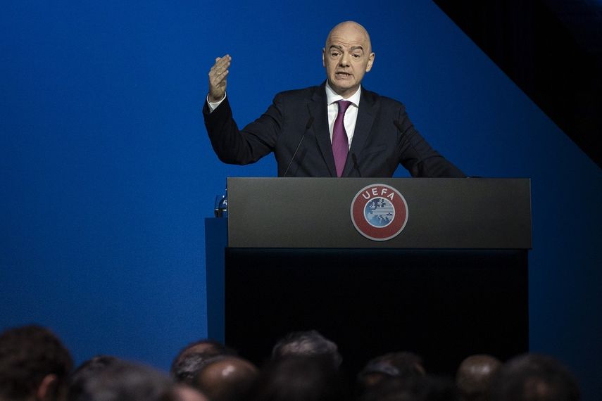 En esta foto del martes 3 de marzo de 2020, el presidente de la FIFA Gianni Infantino durante una reunión de la UEFA en Amsterdam.&nbsp;