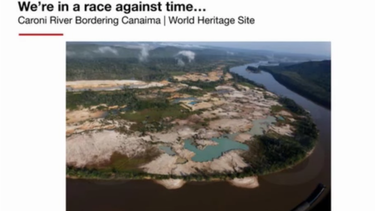 Diapositiva usada por Cristina Vollmer Burelli en su presentación, donde se muestra la devastación en el área del río Caroní, en Venezuela. 